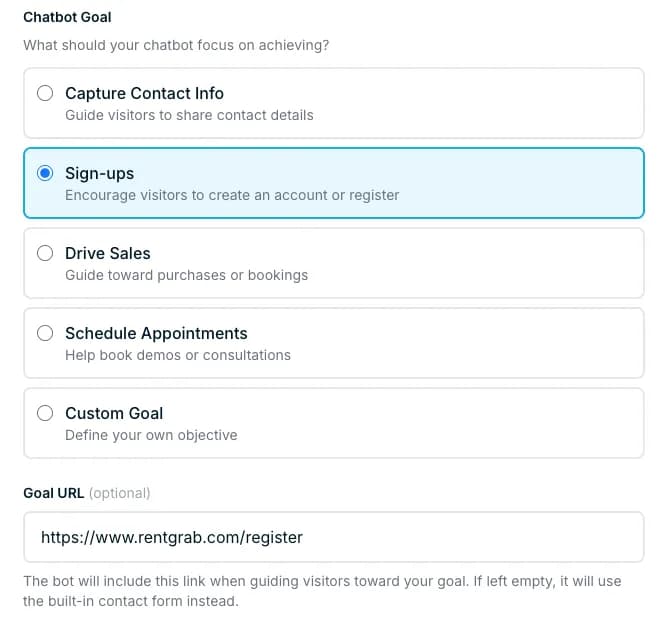 Chatbot Goal Settings - Configure goals for leads, sign-ups, appointments, or custom objectives