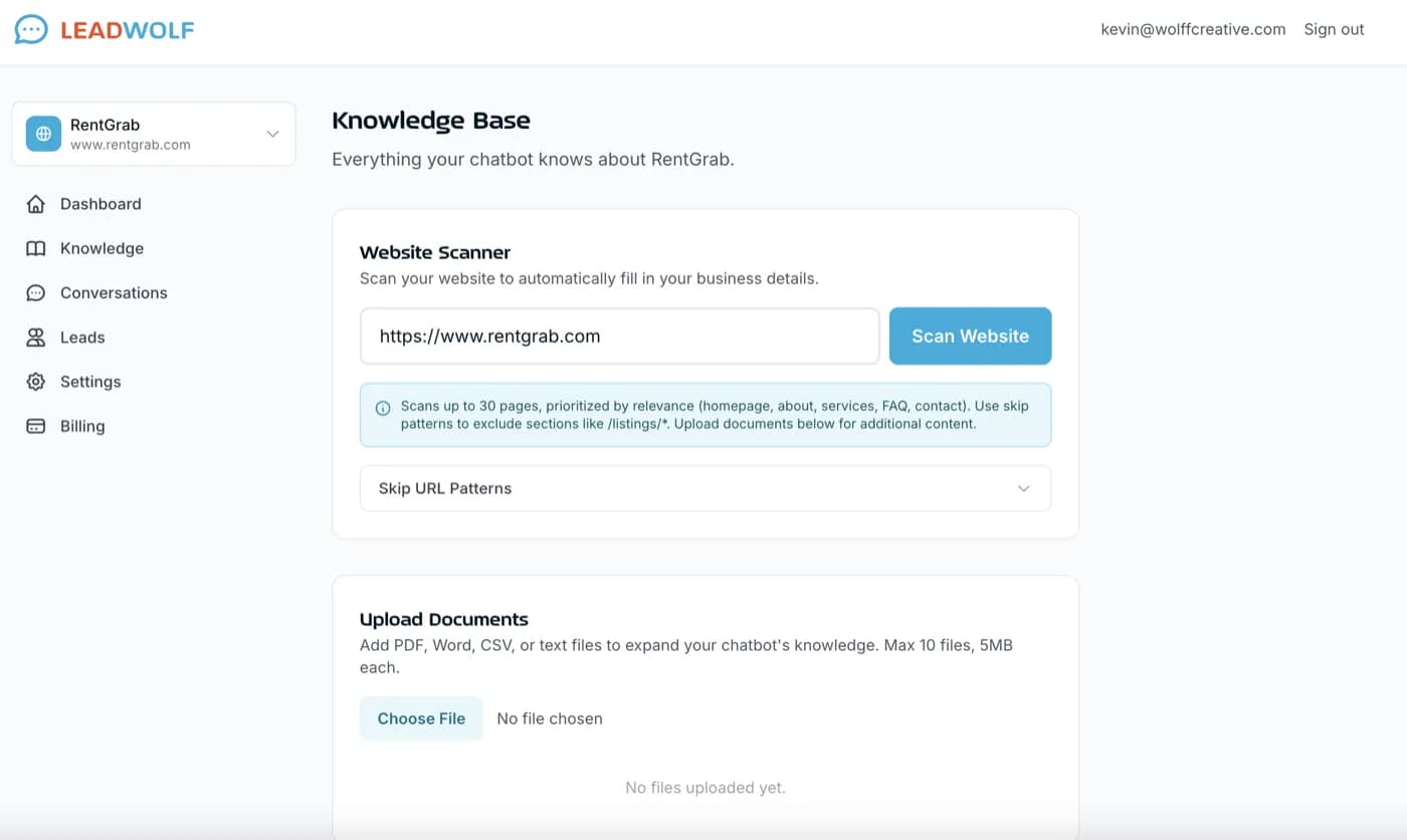 Knowledge Base - Website scanner and document upload interface