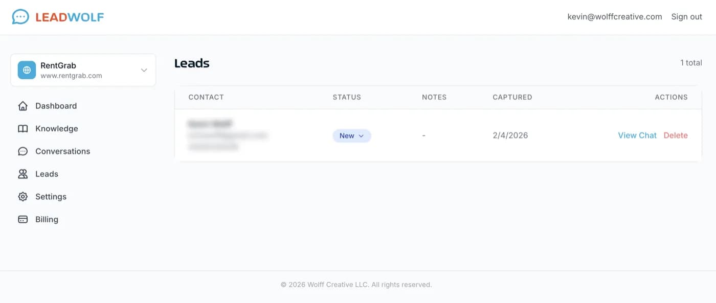 Lead Management - View and manage captured leads with status tracking