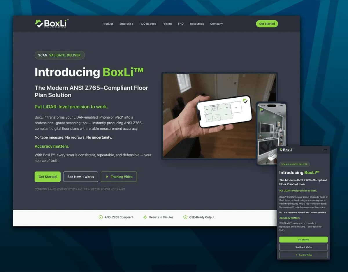 BoxLi marketing website - LiDAR-powered property measurement app
