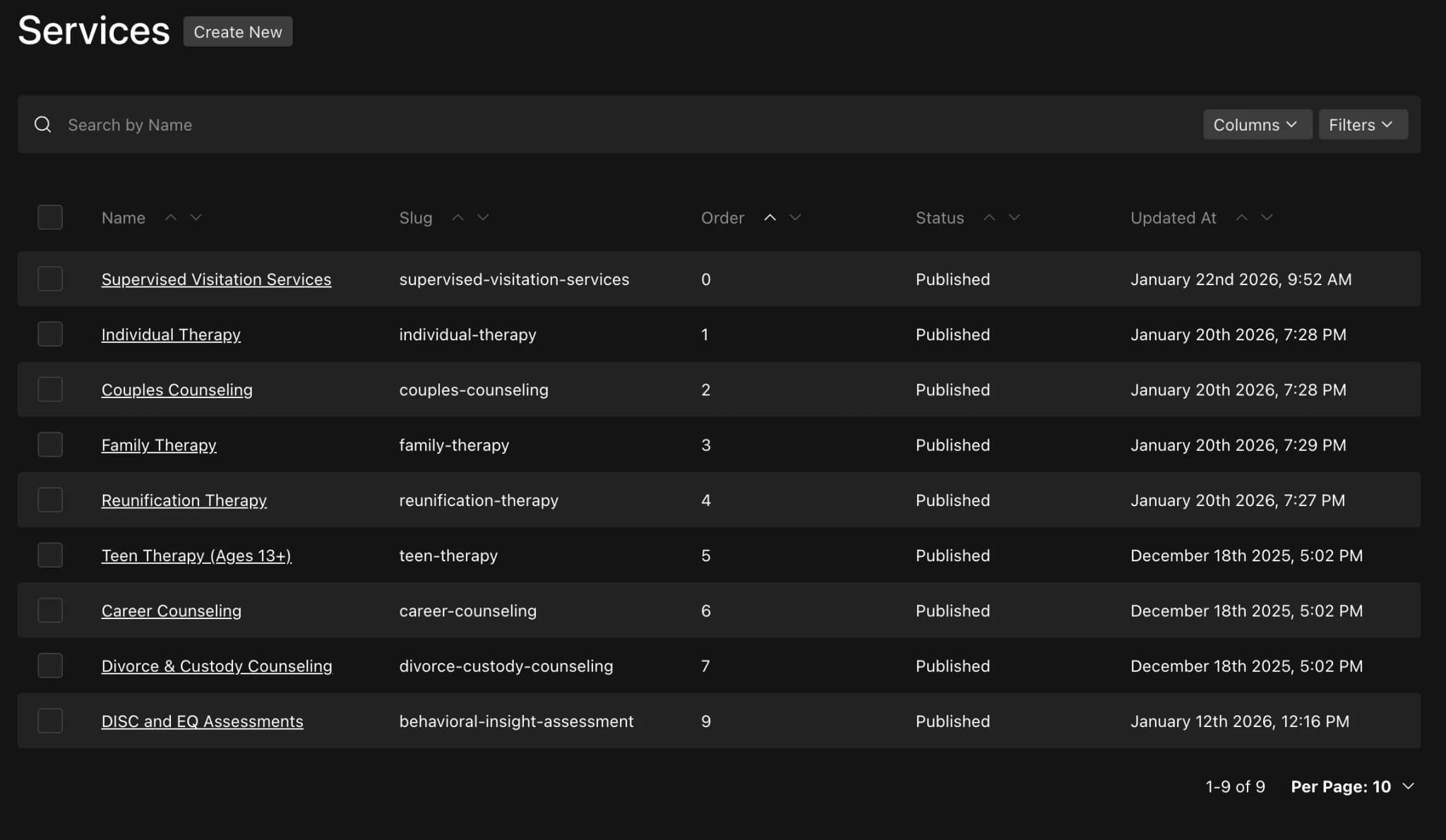 Payload CMS admin dashboard showing 9 service categories