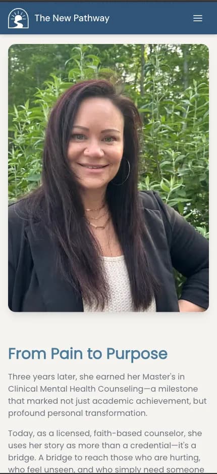 The New Pathway mobile about page with founder profile