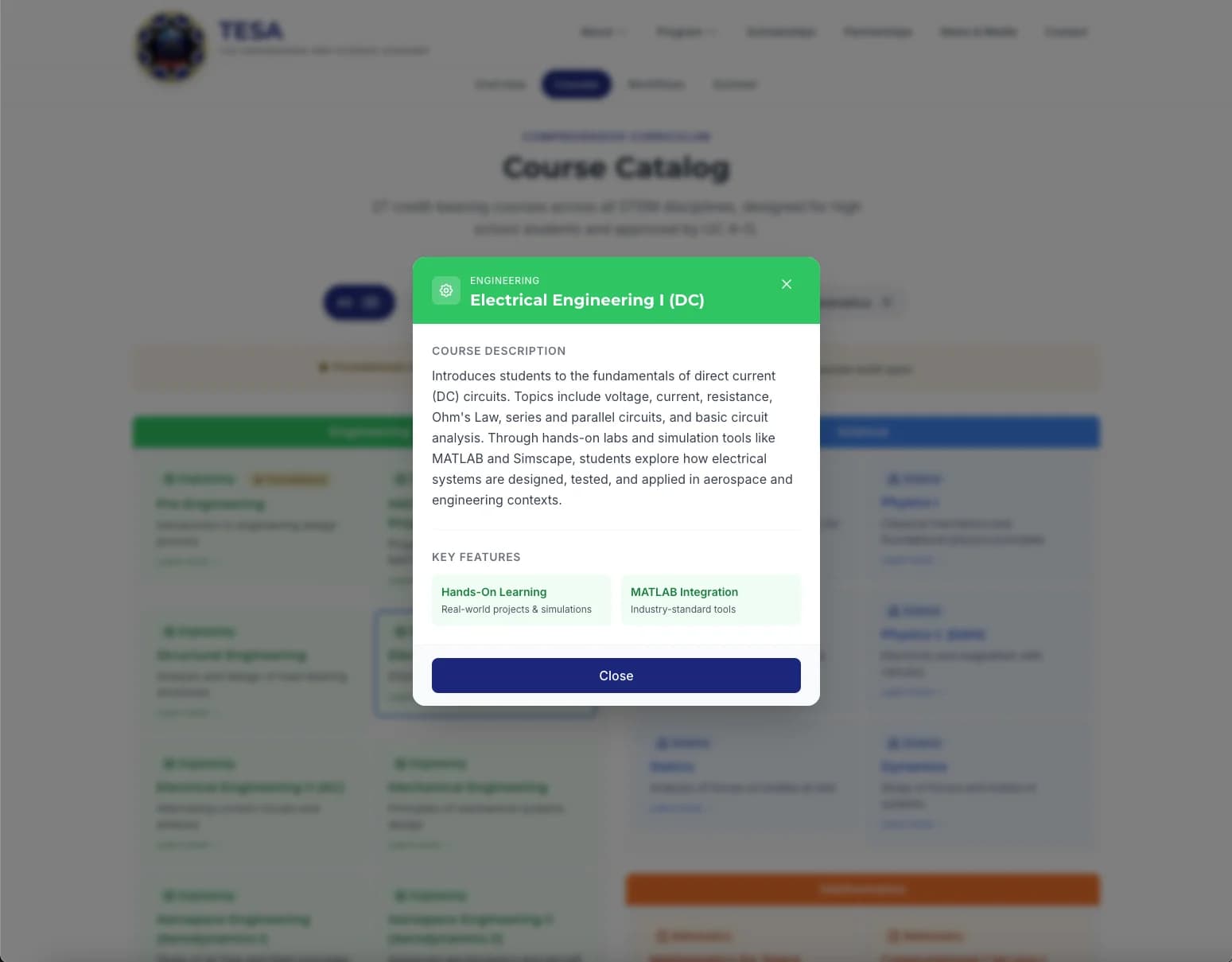 TESA course catalog with interactive filtering and course detail modal