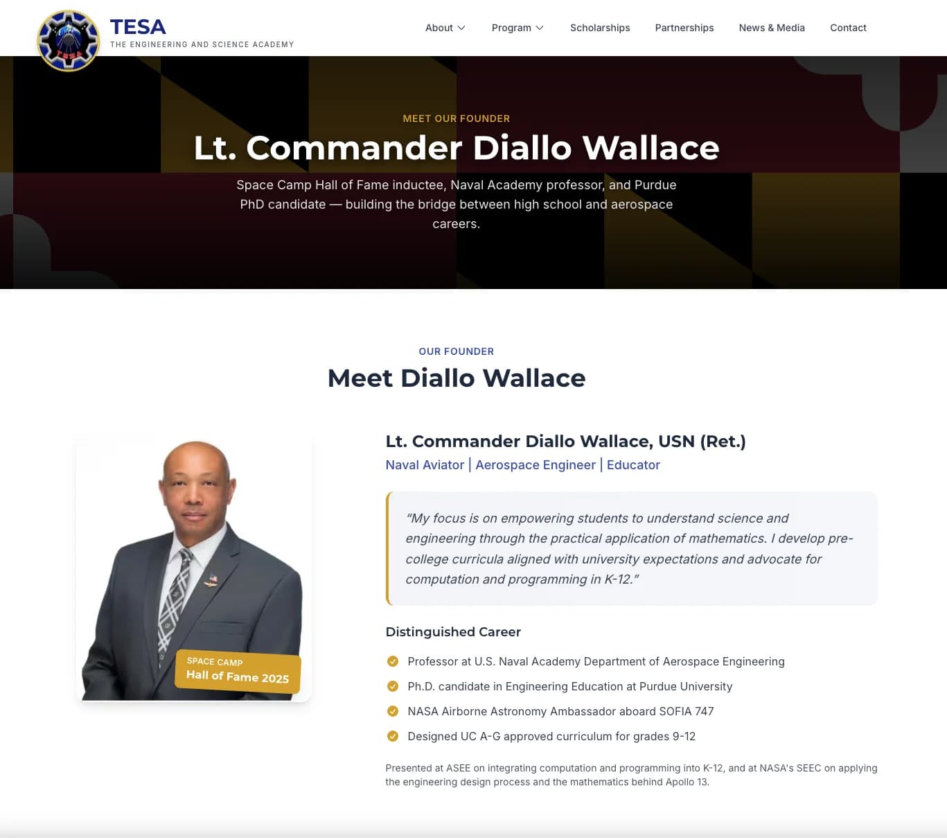 Lt. Commander Diallo Wallace founder biography page with credentials and distinguished career