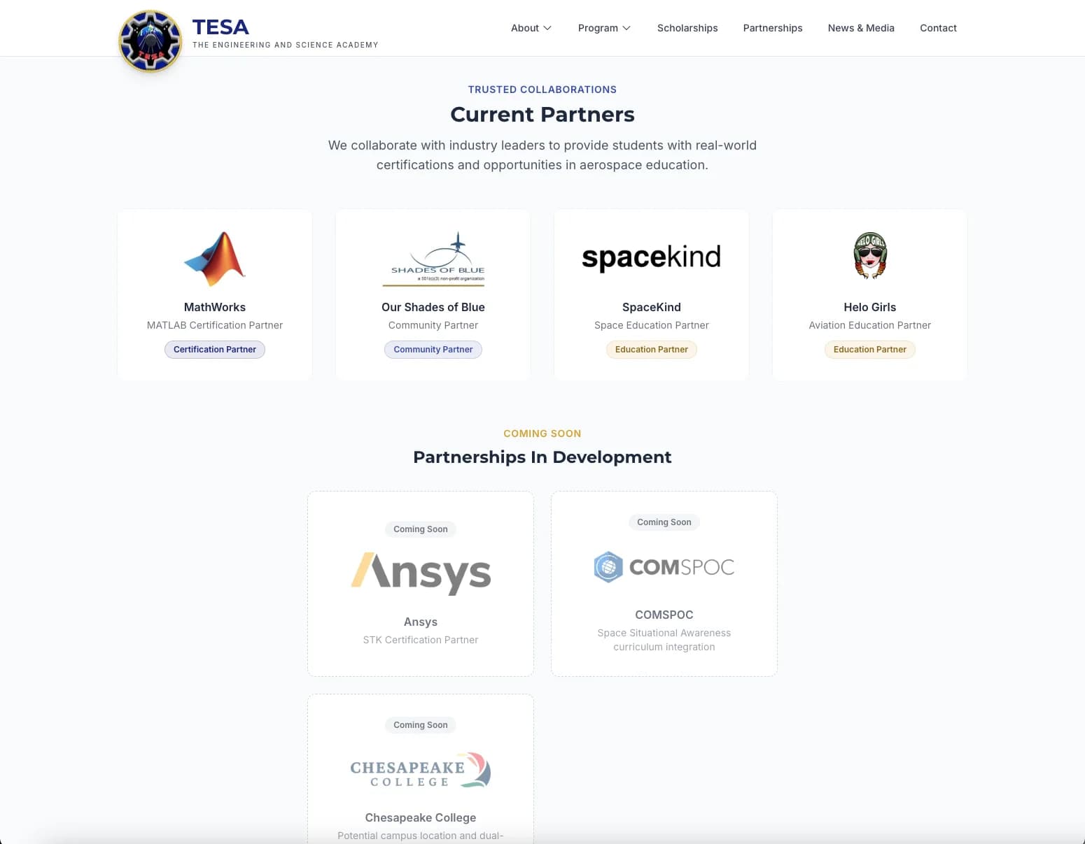 TESA partnerships page showing MathWorks, Ansys, SpaceKind, and other industry partners
