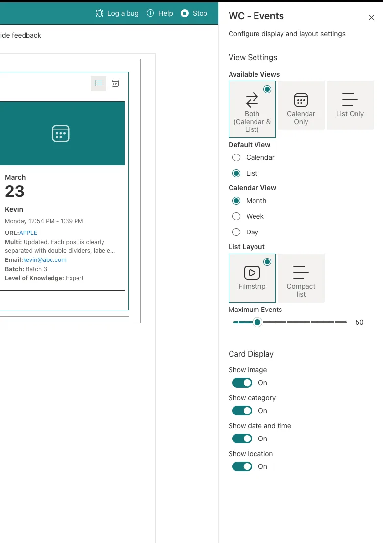 Display settings and card toggle configuration