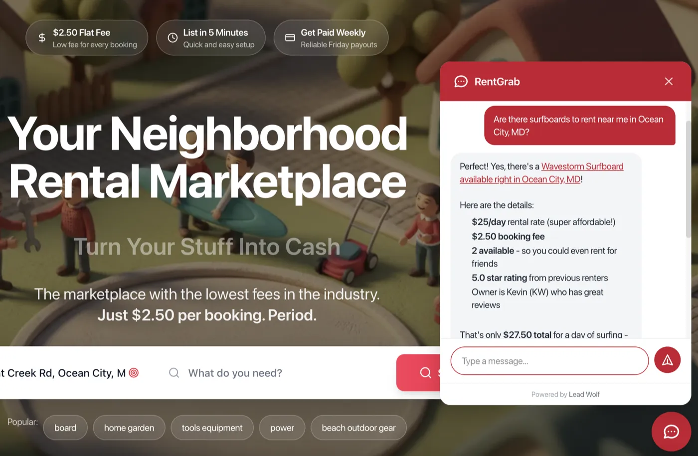 LeadWolf chatbot capturing leads on a live website
